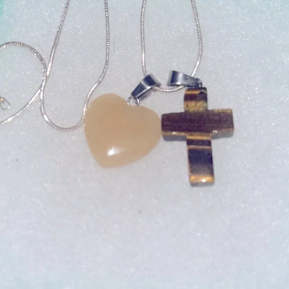 Boho Hippie Tigers Eye Cross and Aventurine Heart Sterling Silver Necklace 18” - Picture 2 of 6